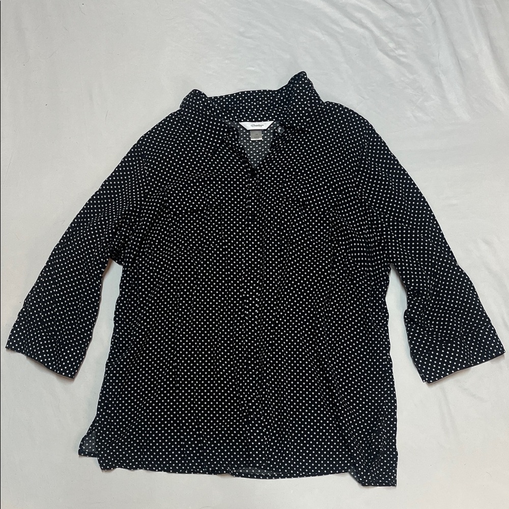 Size 1x - cj banks - Black and White Poka Dot Lightweight Button Up 3/4 Sleeves